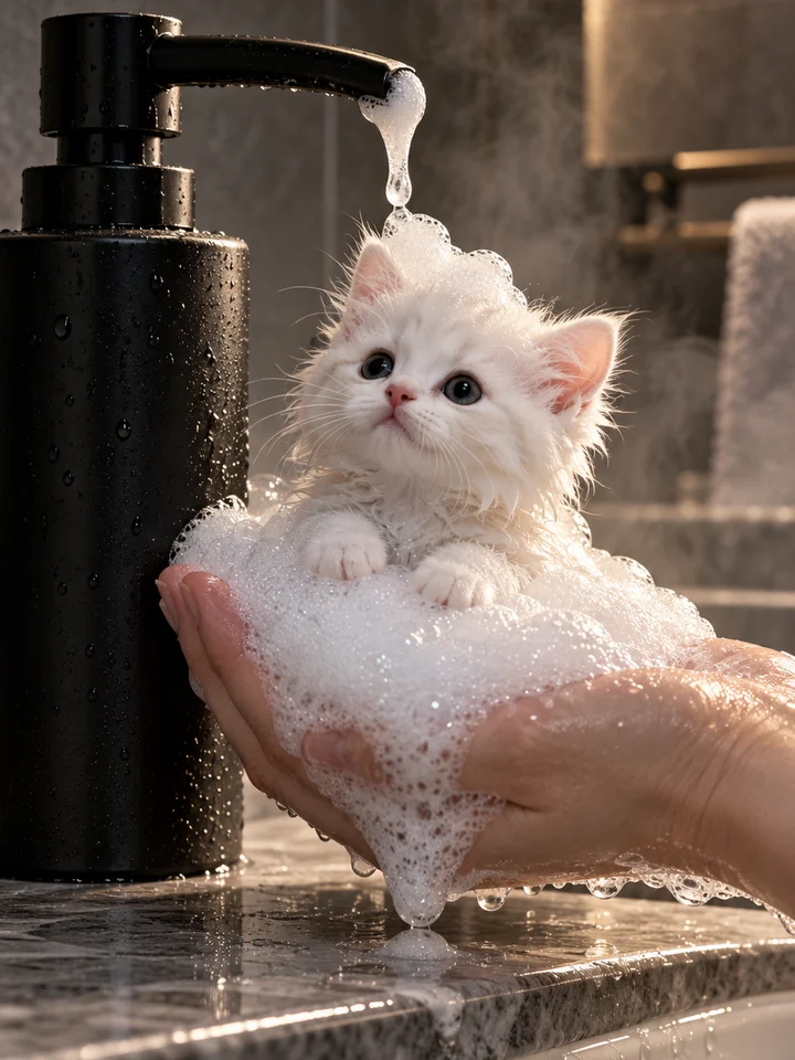 White kitten emerging from foam beneath a matte black soap pump
