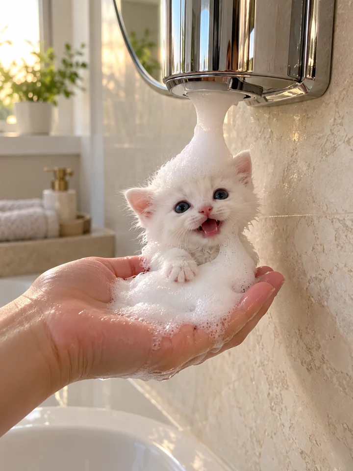 White kitten peeking from foam under a wall-mounted soap dispenser
