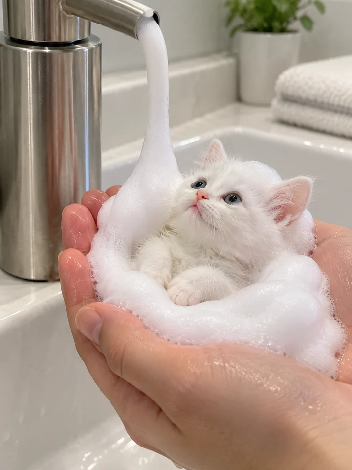 White kitten curled inside soap foam beneath a steel dispenser